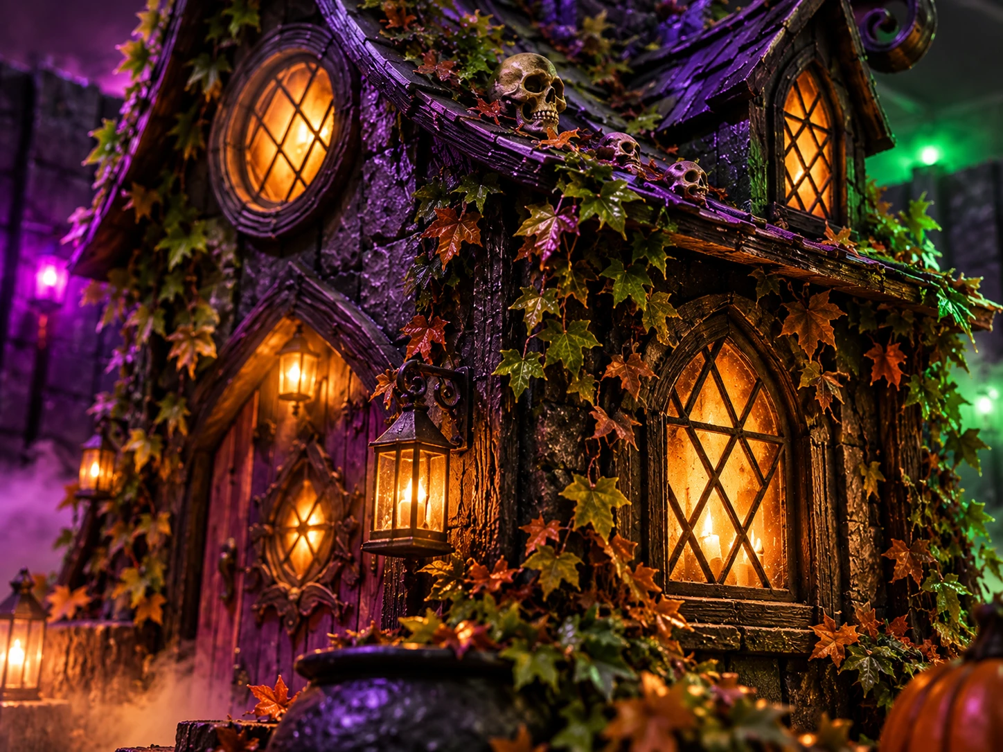 Nahopnam vum Hexenhaus: orange liichtend Fënsteren, Laternen a Schied am violetten Niwwel.